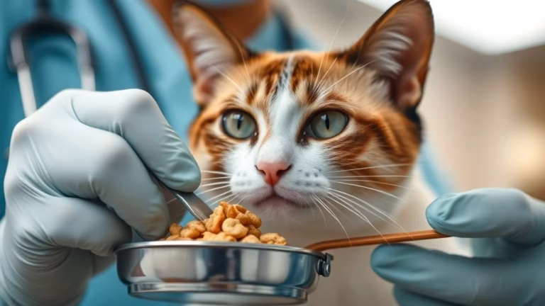Veterinário alimentando gato Siamês com ração hipoalergênica durante teste caseiro de alergia alimentar.