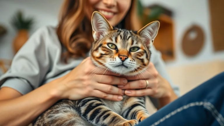 Mulher acariciando gato rajado amassando pãozinho no colo, demonstrando afeto e bem-estar.