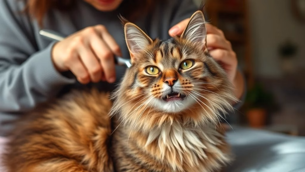 Dona escovando gato saudável em casa, demonstrando carinho.