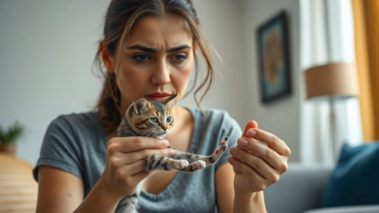 Mulher preocupada inspeciona brinquedo de gato com peças pequenas, potencialmente perigoso.