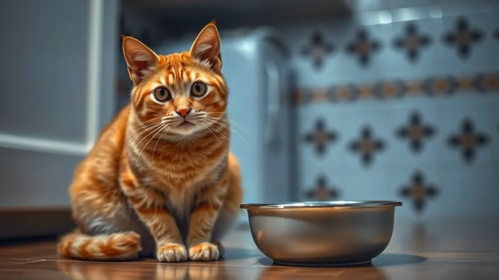 Orange tabby cat sitting patiently next to an empty food bowl at 5 AM, looking expectantly at the Gato laranja faminto olhando para tigela vazia, 5 da manhã