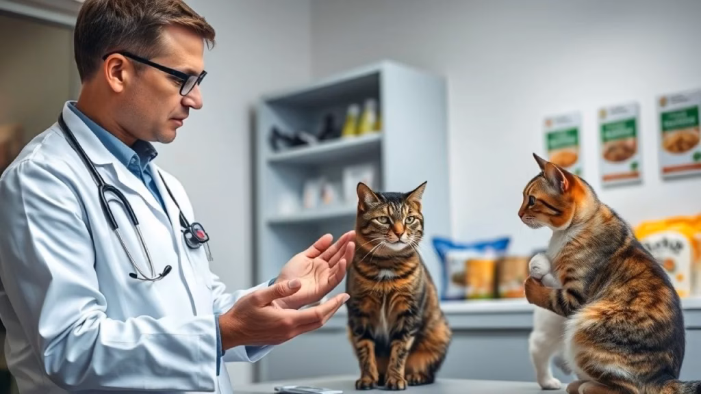Veterinarian explaining a diet elimination plan to a concerned Brazilian cat owner in a well-lit Veterinário explicando dieta de eliminação para alergia alimentar em gatos.