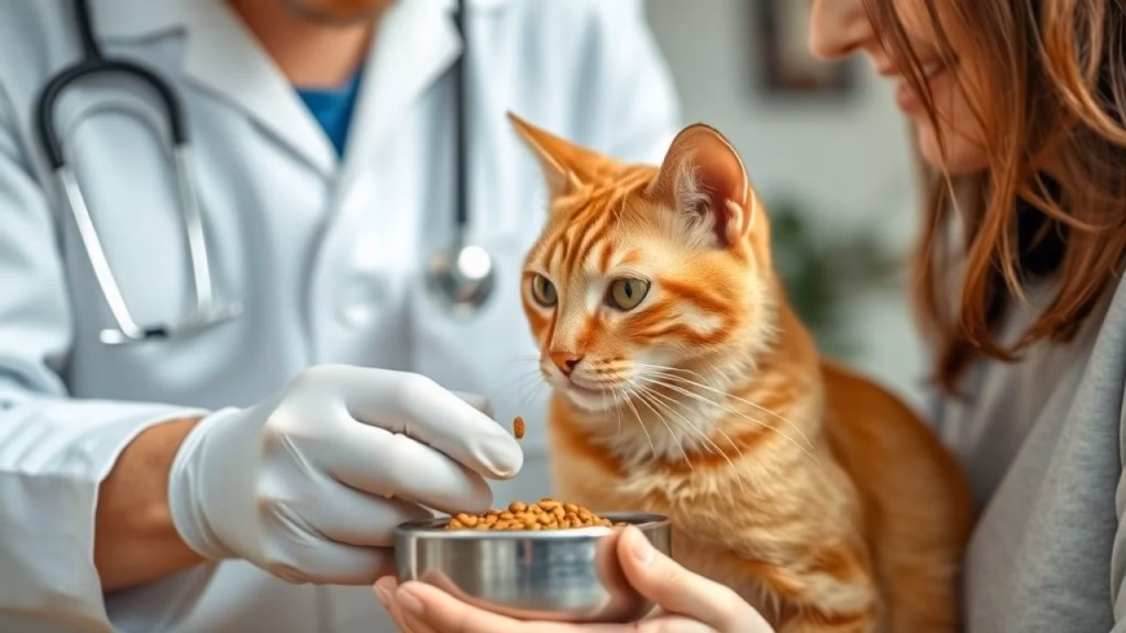 Veterinarian gently feeding a small amount of hypoallergenic cat food to a curious ginger cat. Veterinário alimentando gato com ração hipoalergênica. Teste caseiro.