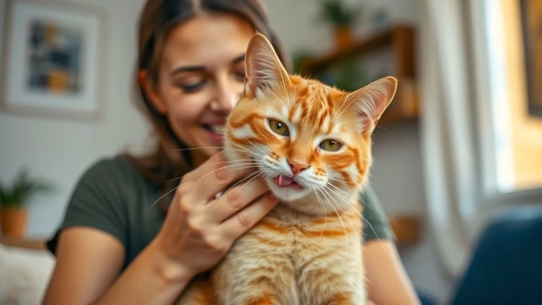 Mulher acariciando gato ruivo que se lambe, em ambiente aconchegante.