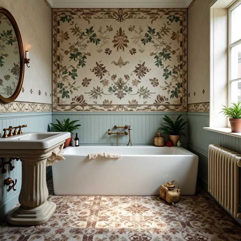 Azulejos vintage com padrões em um banheiro antigo charmoso