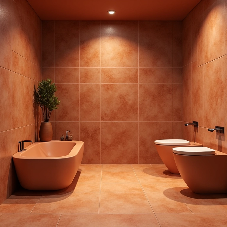 Banheiro acolhedor com porcelanato em cores quentes.