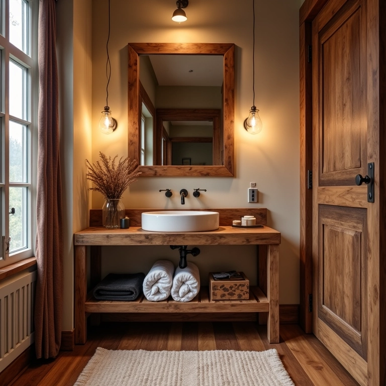 Banheiro aconchegante com gabinete de madeira rústica.