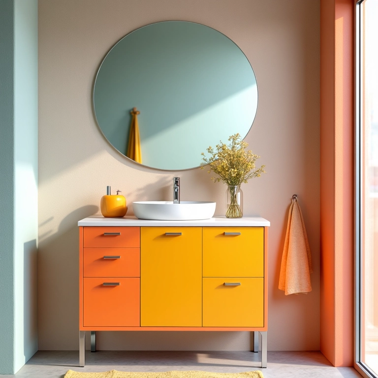 Banheiro alegre com gabinete colorido que expressa personalidade.