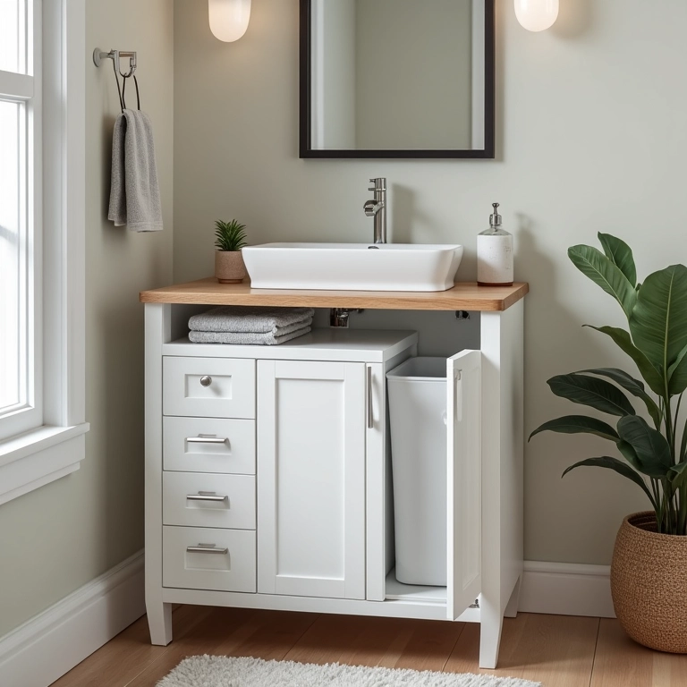 Banheiro com gabinete e cesto de roupa suja integrado.