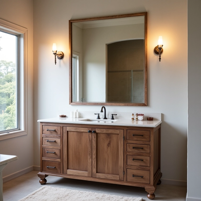 Banheiro com gabinete e espelho grande para dupla funcionalidade.