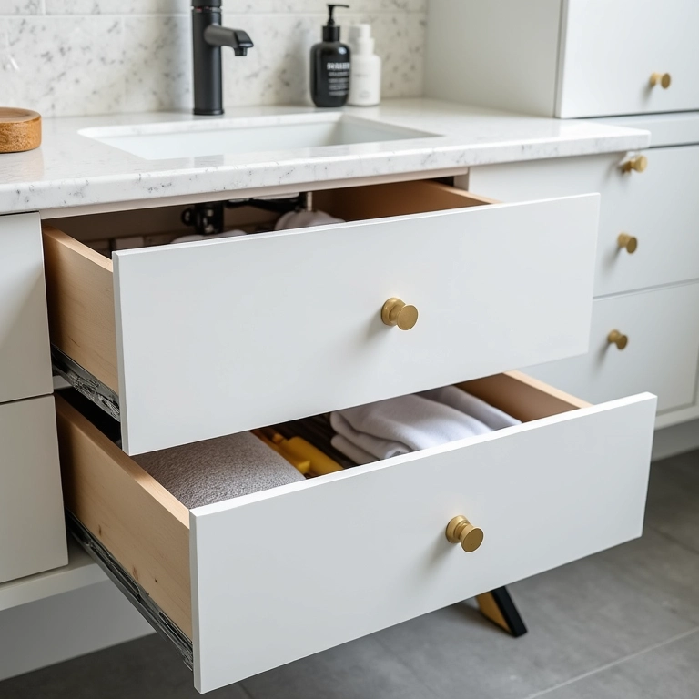 Banheiro com gabinete e gavetas para organização impecável.