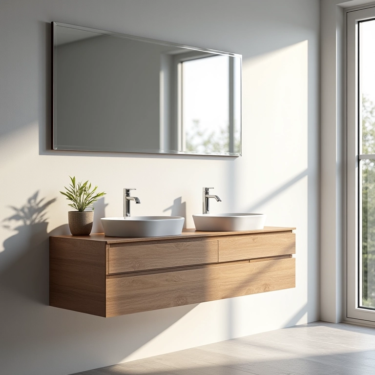 Banheiro com gabinete suspenso que facilita a limpeza.