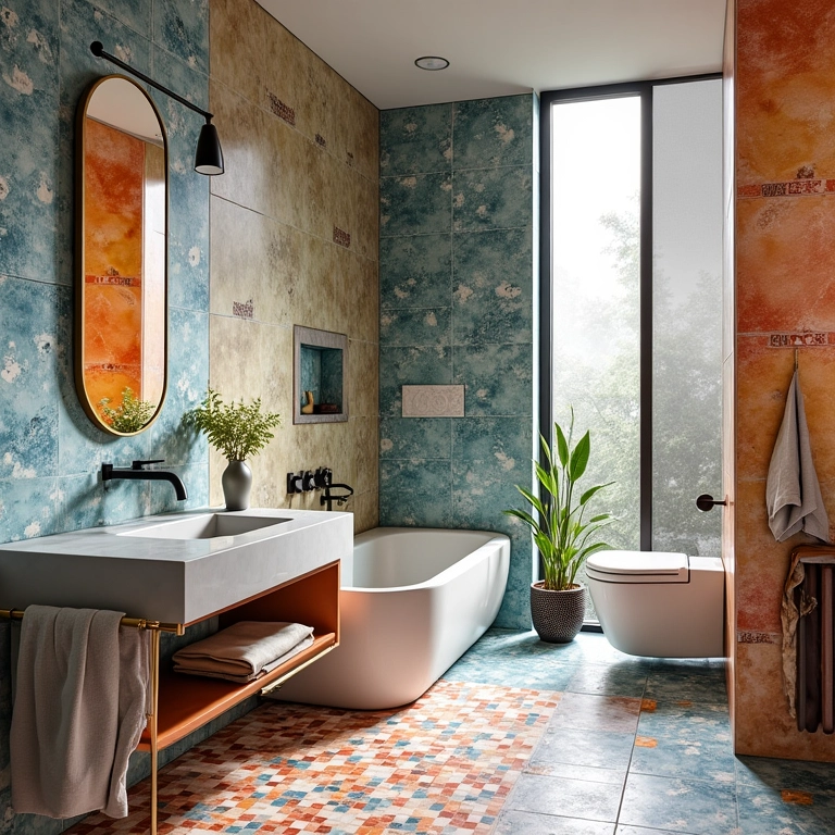 Banheiro com mix de estampas e cores no porcelanato.