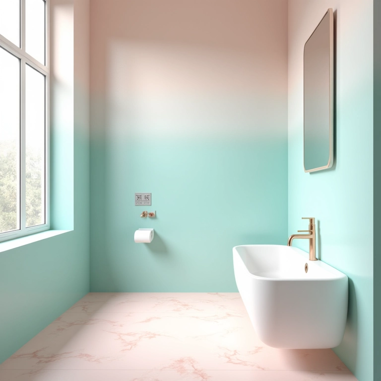 Banheiro com porcelanato em tons pastel suaves.