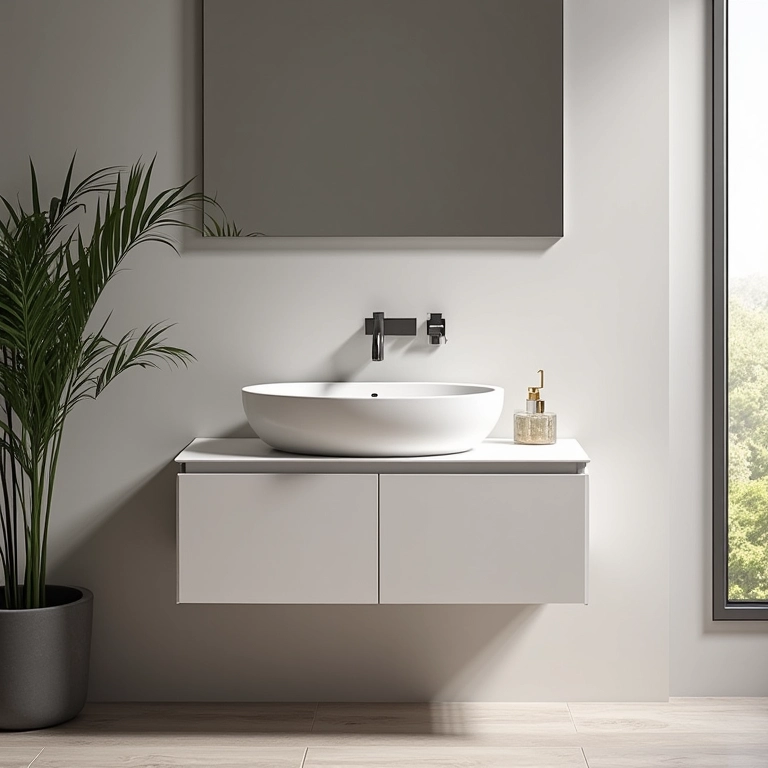 Banheiro elegante com gabinete e cuba esculpida.