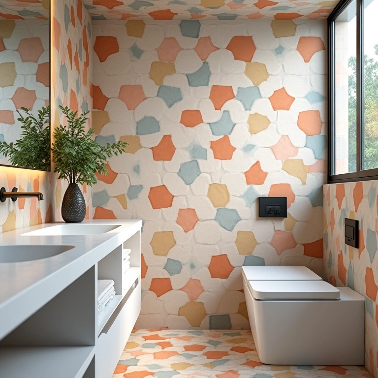 Banheiro moderno com porcelanato hexagonal colorido.