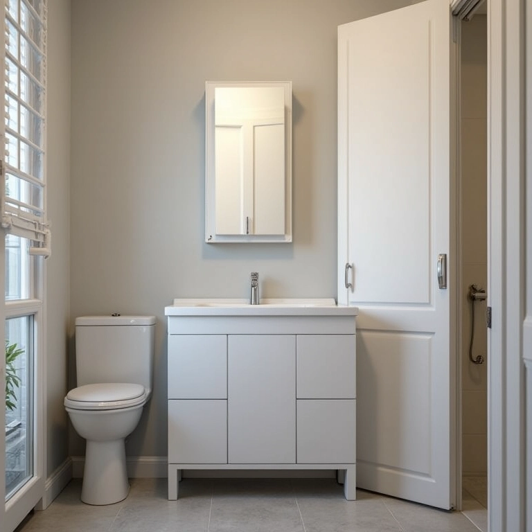 Banheiro pequeno com gabinete e porta de correr para economizar espaço.