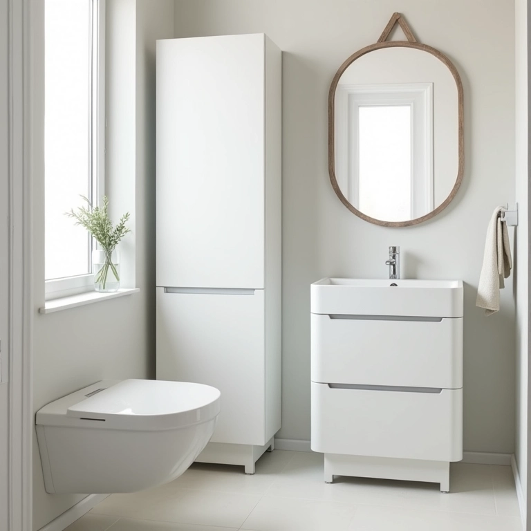 Banheiro pequeno com gabinete inteligente para otimizar o espaço.