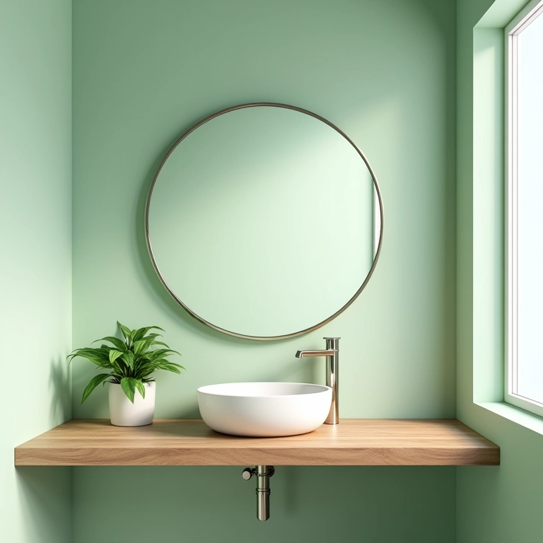 Banheiro verde claro com detalhes em madeira aconchegante.