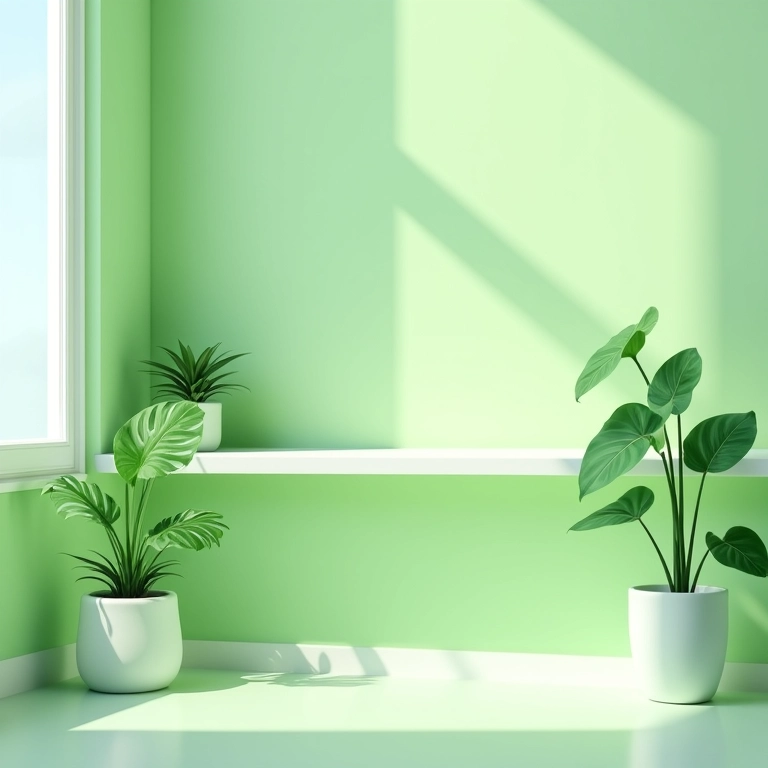 Banheiro verde claro com plantas trazendo vida e frescor.