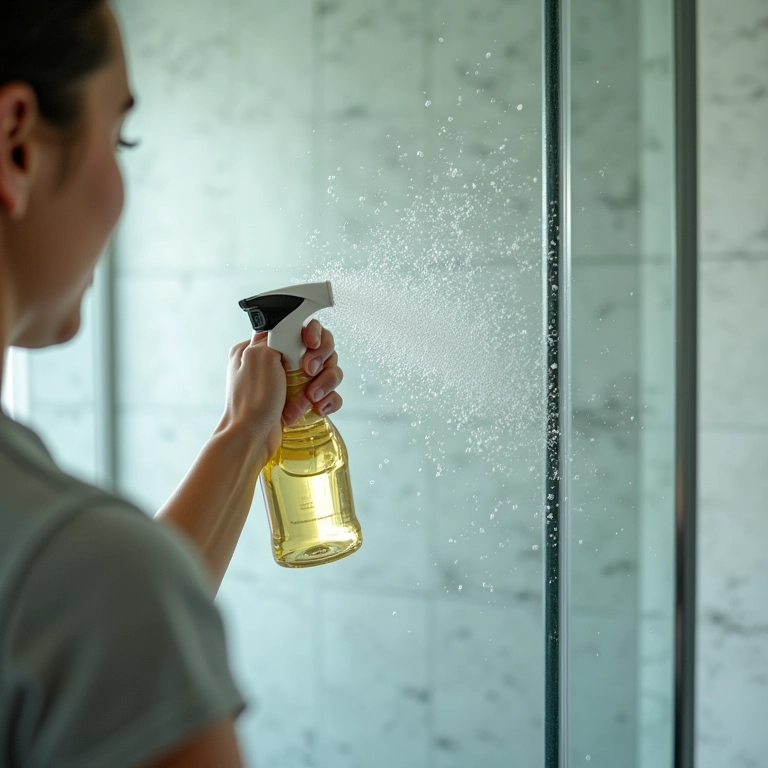 Box de banheiro sendo limpo para remover manchas de sabão.