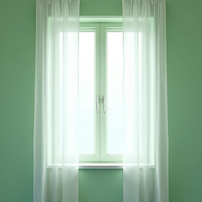 Cortinas leves em banheiro verde claro, privacidade e estilo.