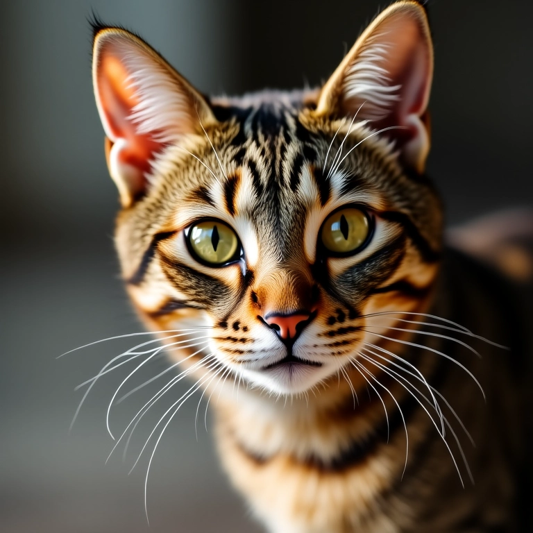 Detalhe da pelagem brilhante de um gato malhado, luz suave.