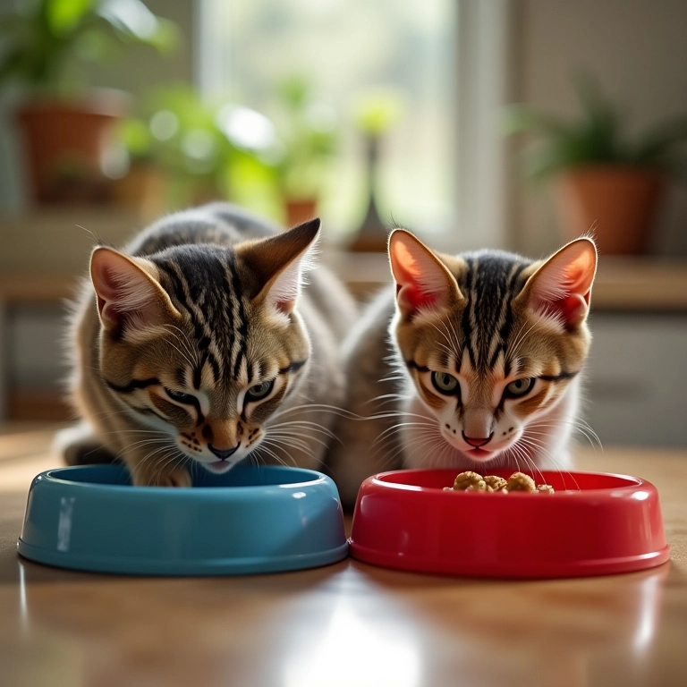 Dois gatos comendo em tigelas separadas na cozinha.