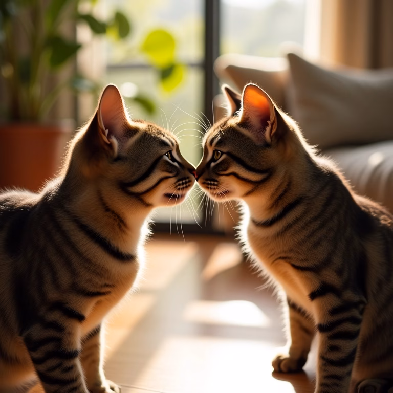 Dois gatos se cheirando cautelosamente em sala ensolarada.