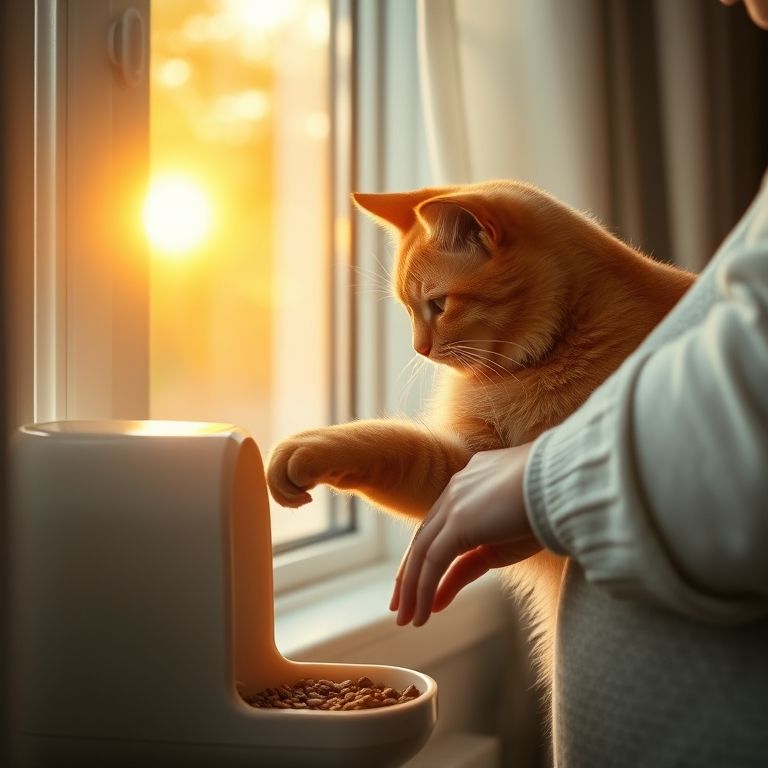 Dono coloca ração seca em comedouro automático para gatos.