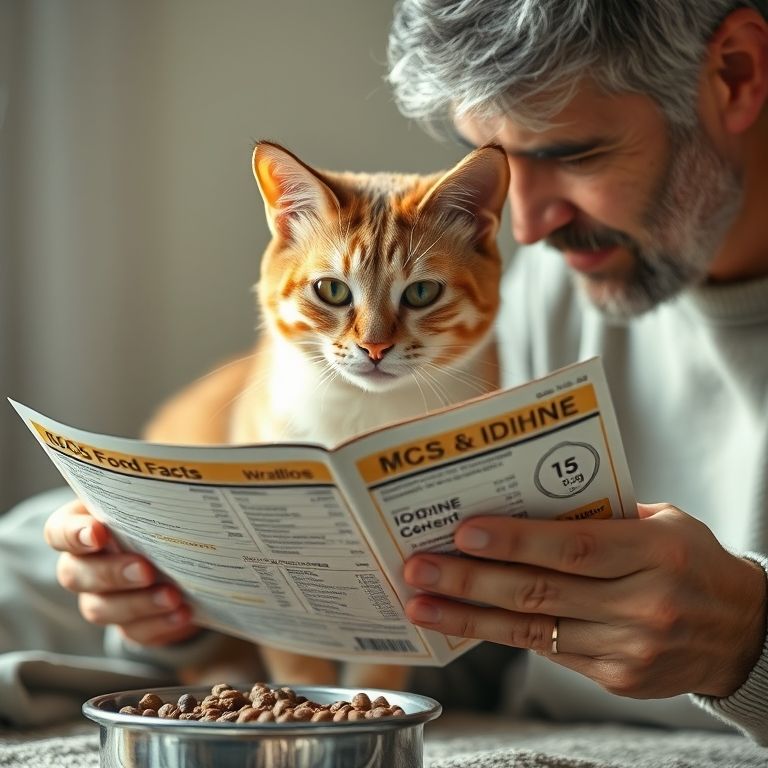 Dono lê rótulo de ração para gatos, checando o iodo.