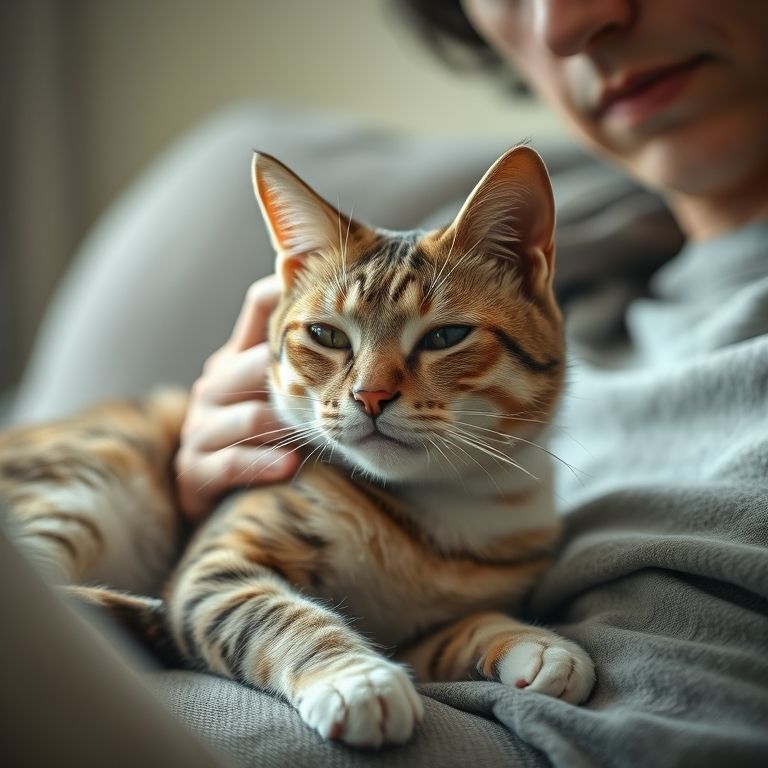 Dono preocupado observa gato apático no sofá.