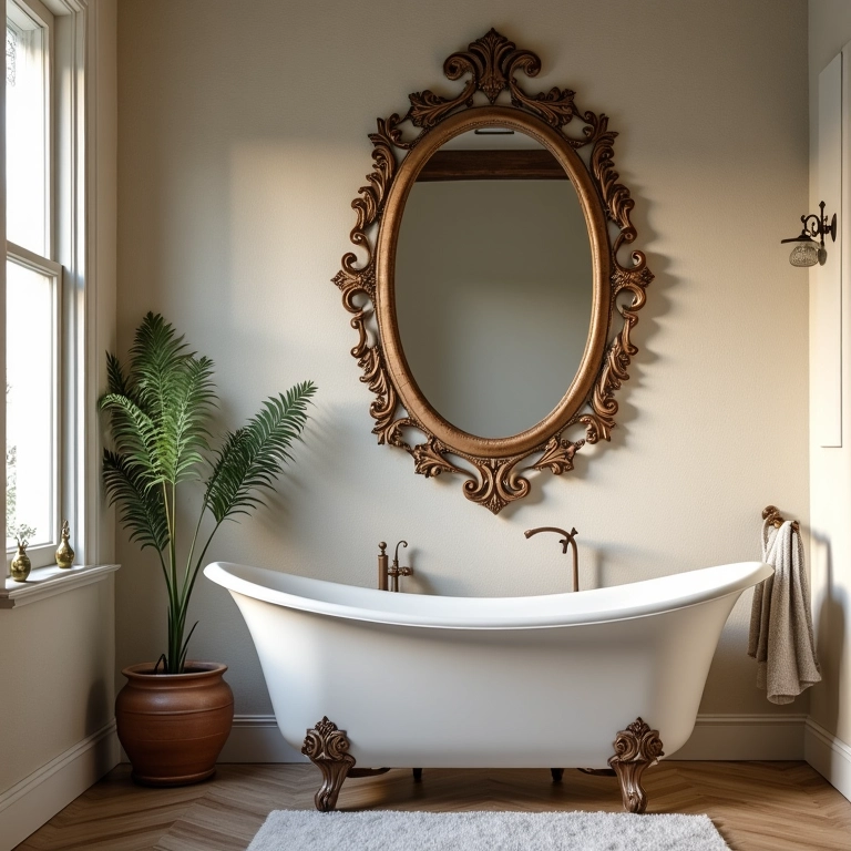 Espelho decorativo ampliando o espaço de um banheiro antigo