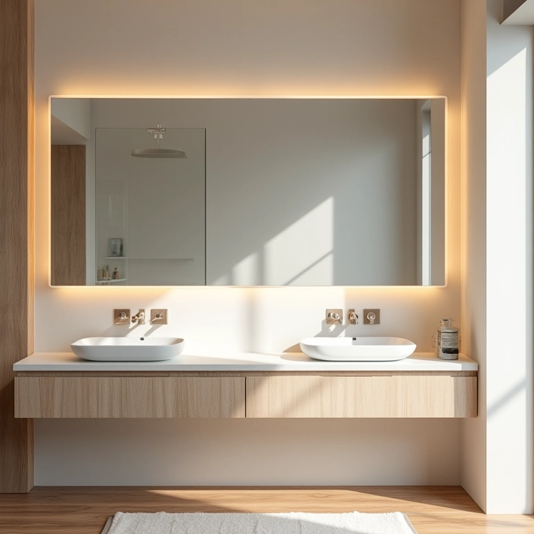 Espelho grande em banheiro MRV ampliando o espaço e refletindo a luz.