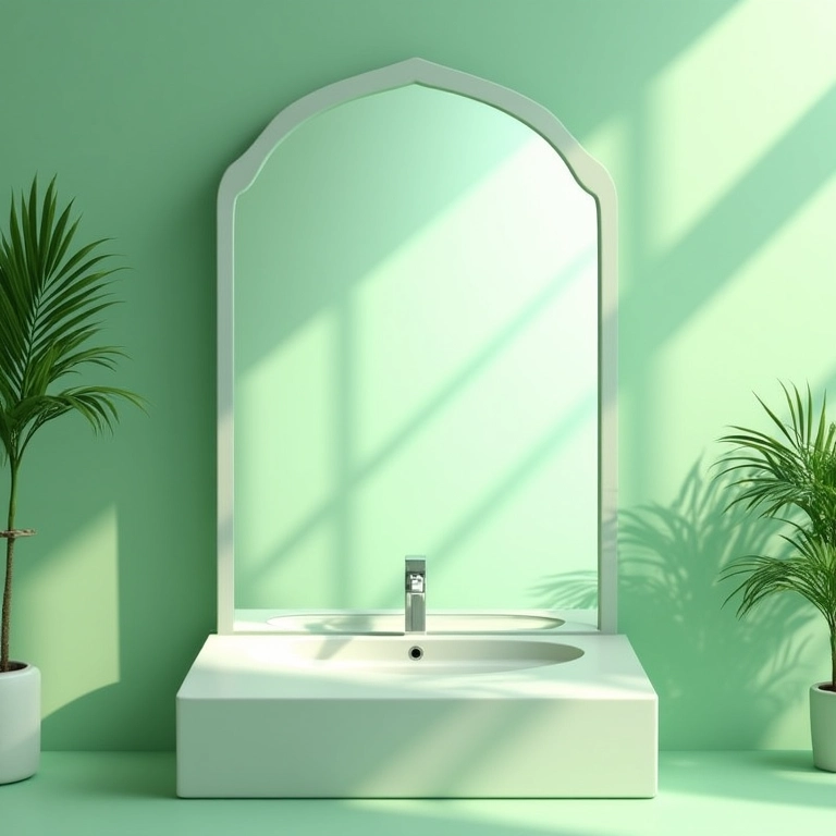 Espelho grande em banheiro verde claro, amplitude e luz.