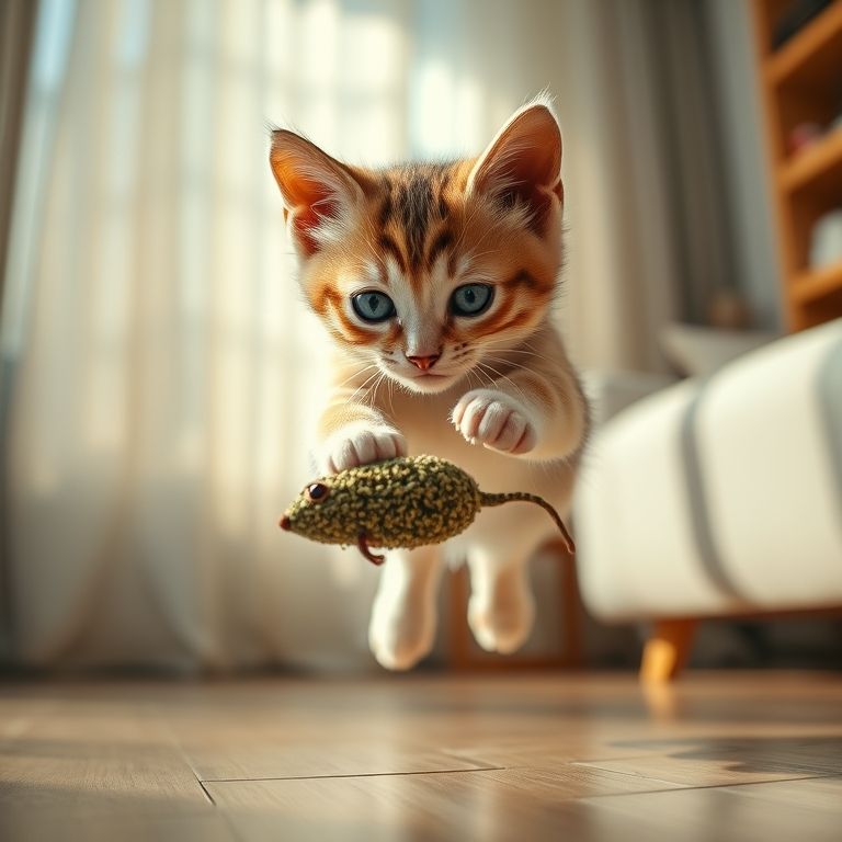 Filhote brincalhão caçando rato de brinquedo com catnip, pulando no ar.