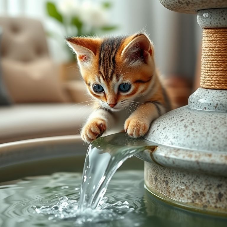 Filhote brincando com fonte cascata.
