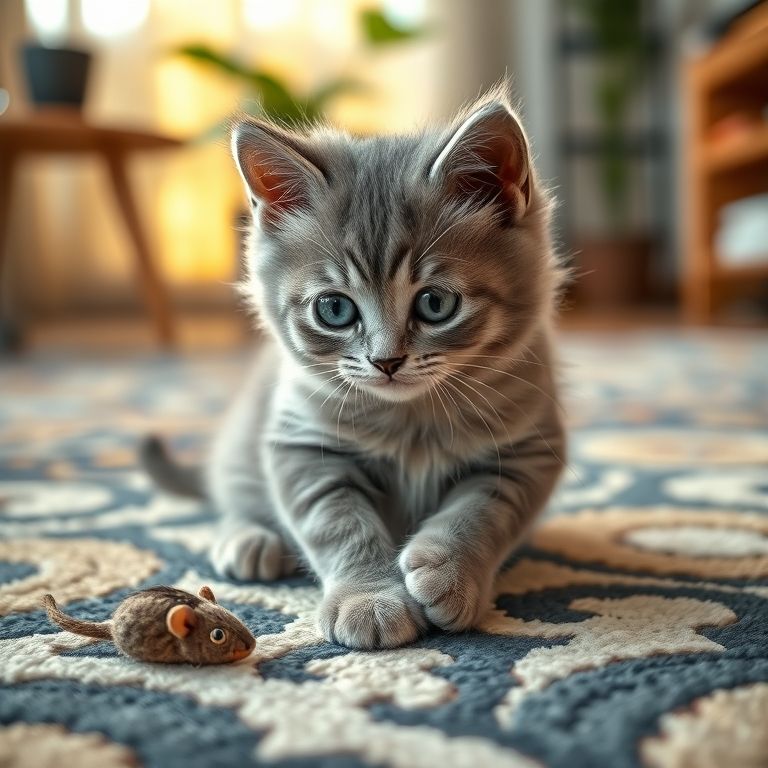 Filhote de British Shorthair cinza brincando com um rato de brinquedo.