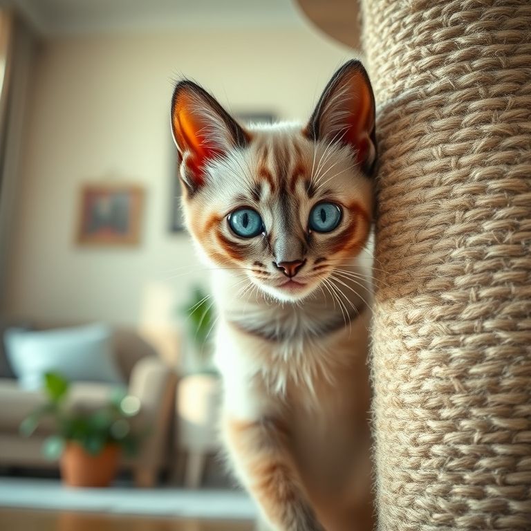 Filhote de Siamês com olhos azuis intensos brincando atrás de um arranhador.