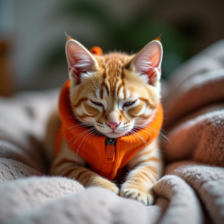 Filhote laranja com colete de fleece dormindo.