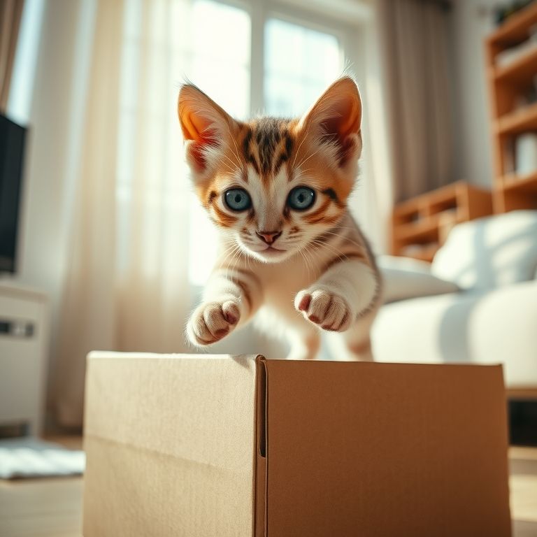 Filhote pulando de caixa de papelão.