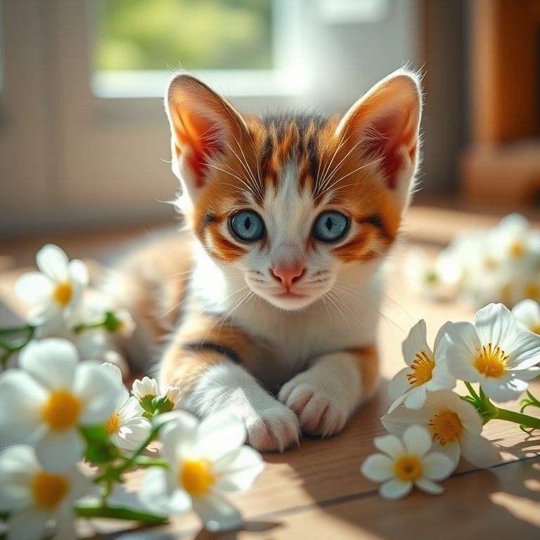 Filhote tricolor de olhos azuis deitado no sol, rodeado por flores.