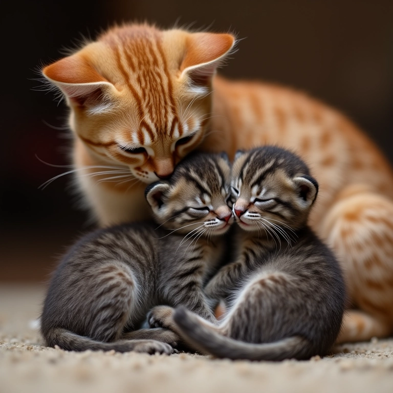 Filhotes órfãos sendo protegidos por uma gata.