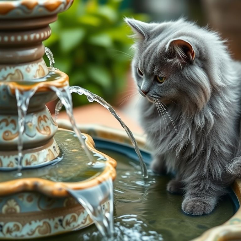 Fonte de cerâmica para gatos com múltiplos fluxos de água.