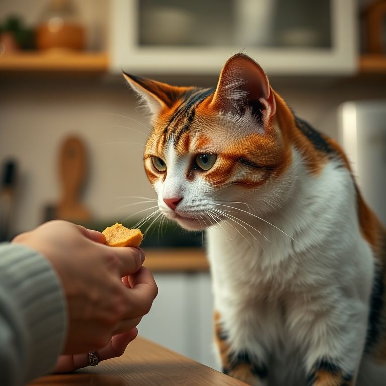 Gata idosa cheirando comida com dificuldade, indicando perda de olfato.
