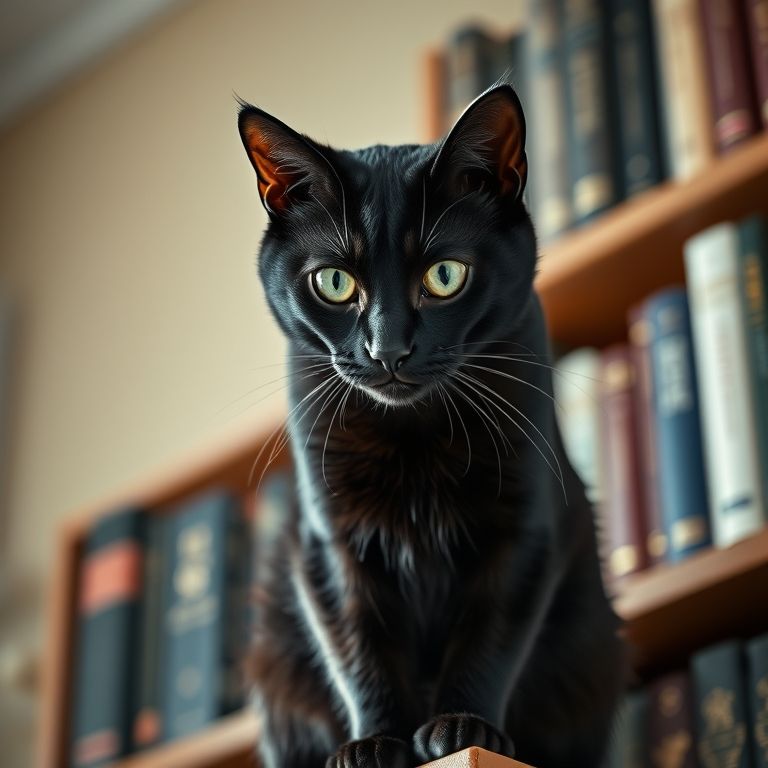 Gata preta imponente sentada em estante, olhos verdes penetrantes.