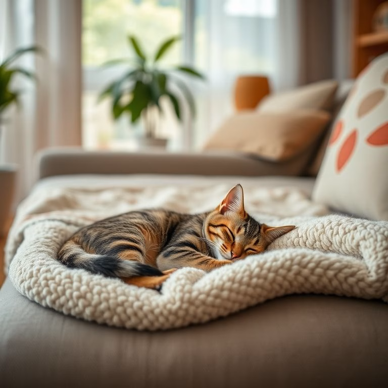 Gata tigrada dormindo em cobertor macio no sofá, luz natural suave.