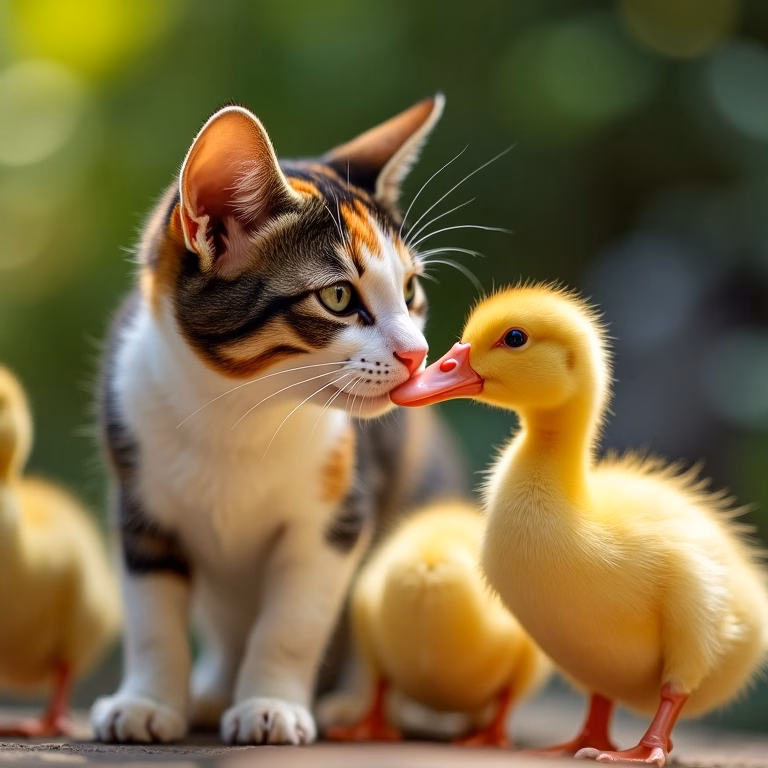 Gata tricolor amamentando patinhos em quintal ensolarado.