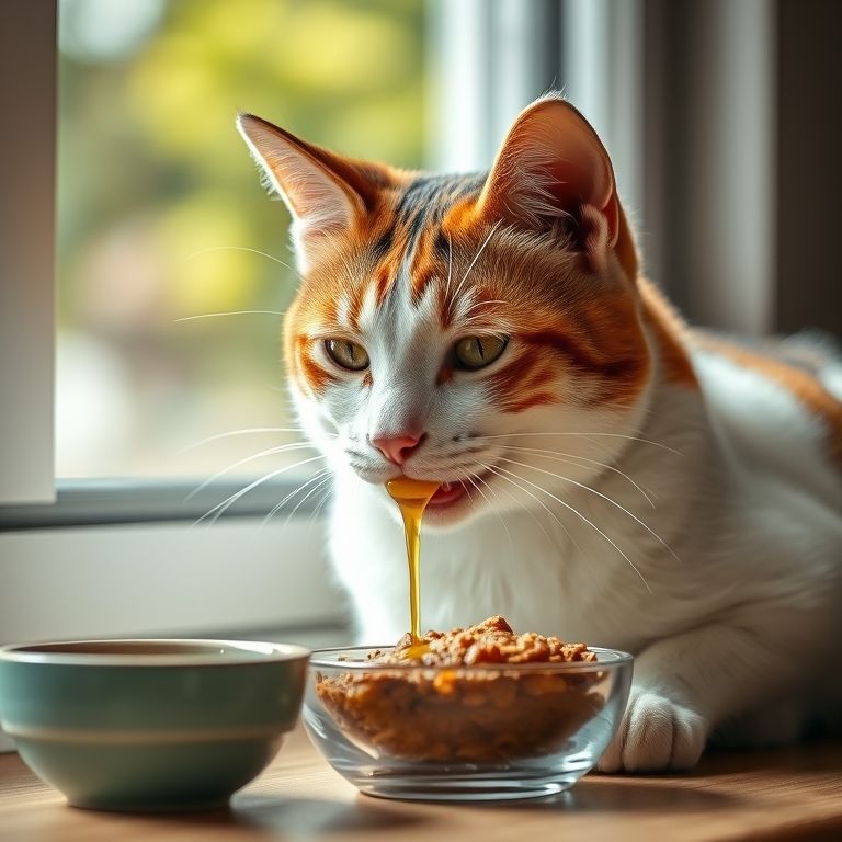 Gata tricolor apreciando óleo de girassol na ração.