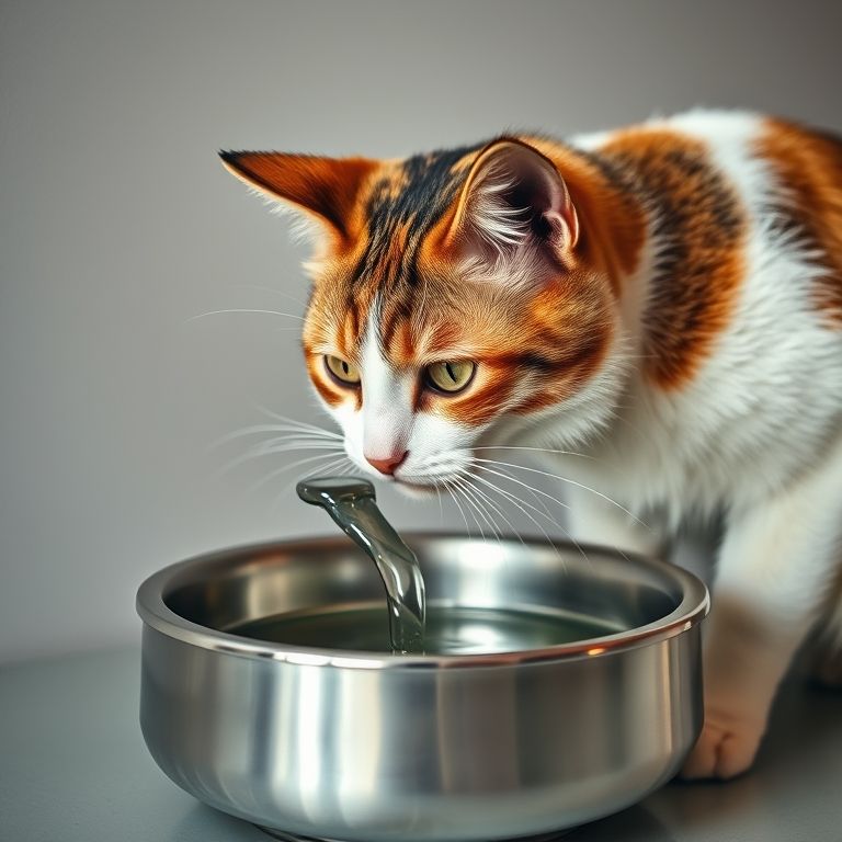 Gata tricolor bebendo água de uma fonte de água para gatos.